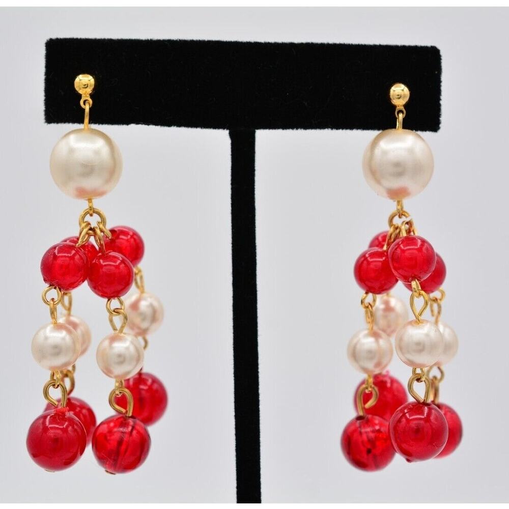 Vintage Beaded Dangle Earrings Red Lucite Ball Faux Pearl Chunky NOS 1980s BinAV